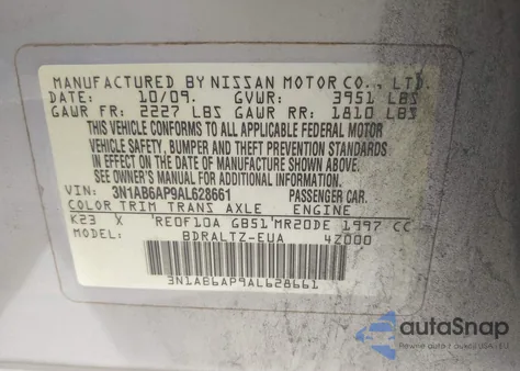 2010 Nissan Sentra 2.0Sr z USA, uszkodzony, nr VIN 3N1AB6AP9AL628661